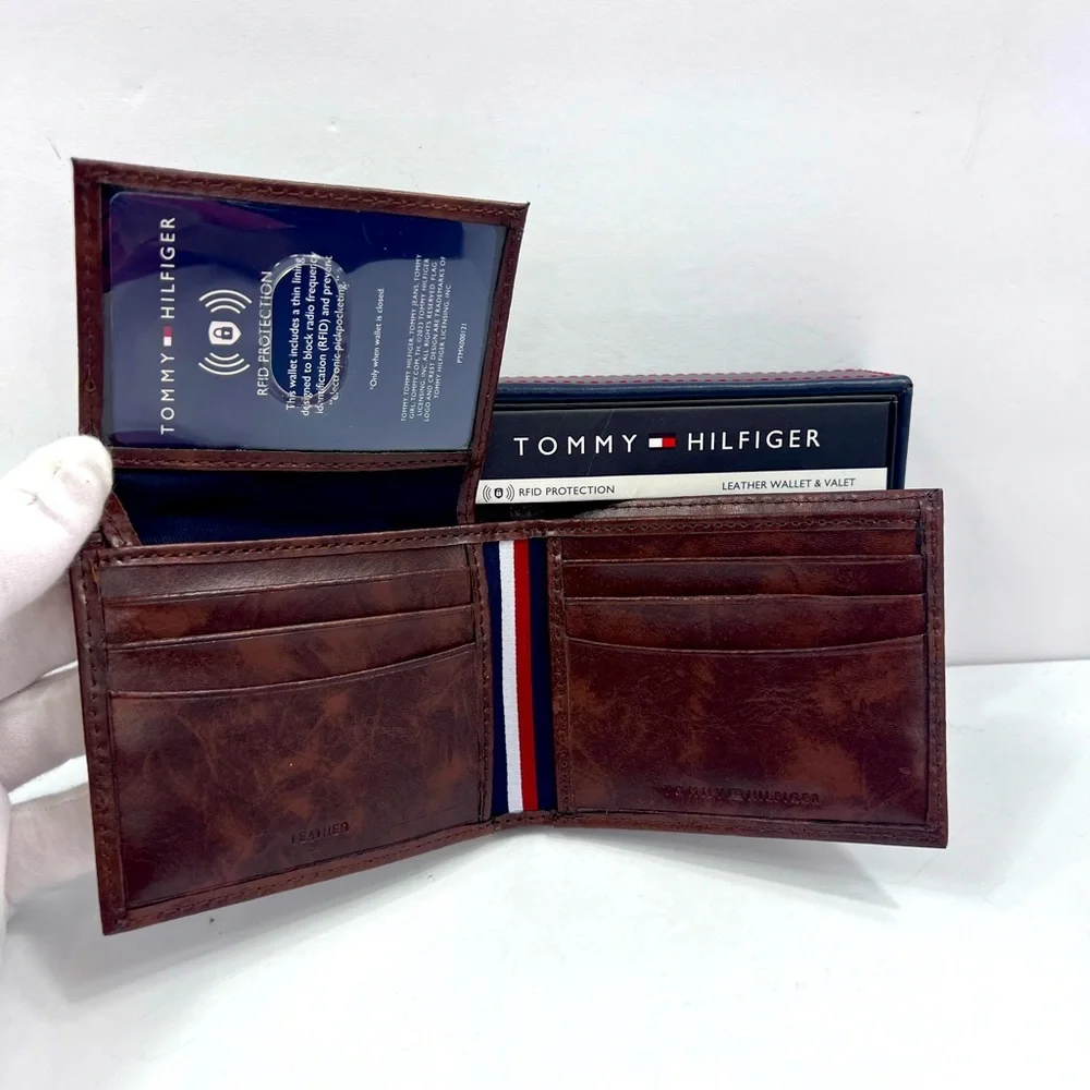 TOMMY HILFIGER 💯 MENS WALLET DOUBLE FOLD, BROWN, GENUINE LEATHER, RFID READY - Picture 5 of 14